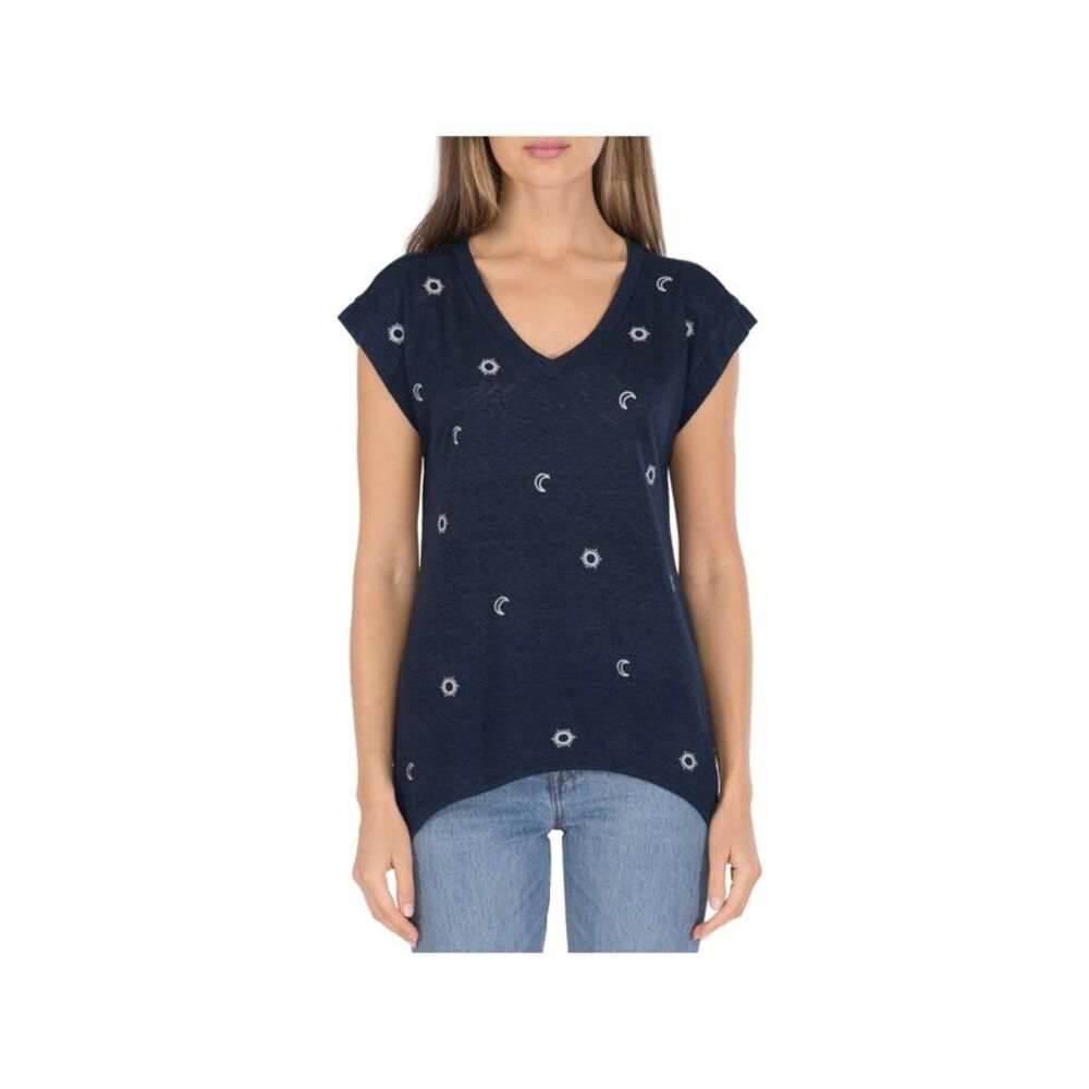 B COLLECTION Womens Navy Embroidered Printed Cap Sleeve V Neck T-Shirt XS